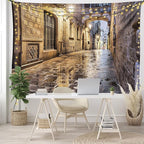 Lunarable City Tapestry, Narrow Street Gothic Design Architecture Carrer del Bisbe Barcelona Spain Europe, Wide Wall Hanging for Bedroom Living Room Dorm, 80" X 60", Tan Pale Brown