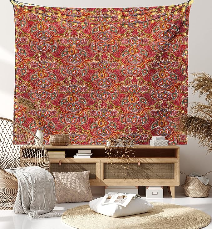 Lunarable Paisley Tapestry Twin Size, Vibrant Colored Pattern with Various Oriental Design Elements Boho Influence, Wall Hanging Bedspread Bed Cover Wall Decor, Twin Size, Ruby, 68" Width x 88" Length
