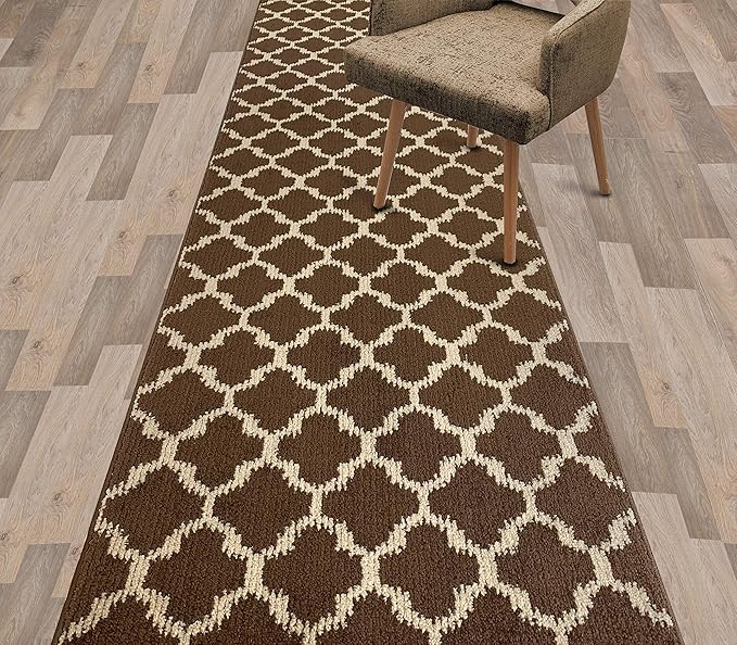 Custom Size Cut to Length Moroccan Trellis Design Runner Rug Mat For Wide Long Hallways with Non-Slip Rubber Backing, Better Traction for Pets, Prevent Slippage, Trellis Brown, 31 inch X 9 feet