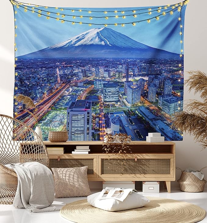 Ambesonne Scenery Tapestry, Skyline of Mt. Hill and Yokohama Japan Financial District Mountain Volcano Landscape, Wide Wall Hanging for Bedroom Living Room Dorm, 80" X 60", Blue