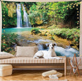 Lunarable Nature Tapestry King Size, Green Forest Waterfall and River Pool Pond Water Source Earth Landscape, Wall Hanging Bedspread Bed Cover Wall Decor, 104" X 88", Pale Brown and Green