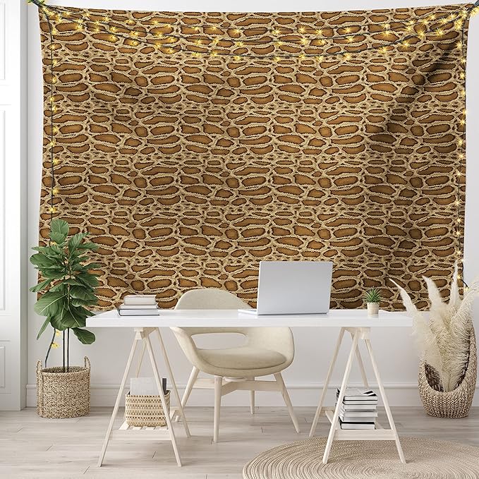 Lunarable Reptile Tapestry, Python Snakeskin Pattern Geometrical Borders Composition Animal Hide Print, Fabric Wall Hanging Decor for Bedroom Living Room Dorm, 45" X 30", Caramel Pale Brown