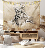 Lunarable Viking Tapestry, Sketch Style Scandinavian Warrior with Beard and Hat Masculine Portrait Tattoo, Wide Wall Hanging for Bedroom Living Room Dorm, 80" X 60", Beige Tan