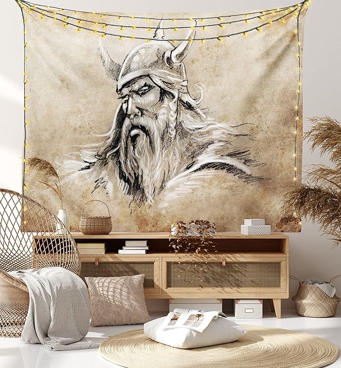 Lunarable Viking Tapestry, Sketch Style Scandinavian Warrior with Beard and Hat Masculine Portrait Tattoo, Wide Wall Hanging for Bedroom Living Room Dorm, 60" X 40", Beige Tan