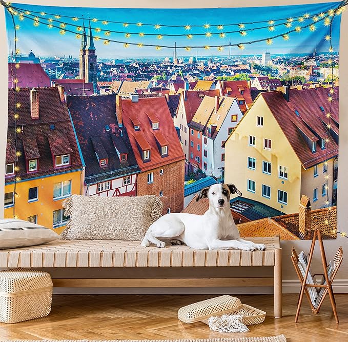 Lunarable City Tapestry, Aerial View of Historical German Town Nuremberg Skyline with Old Buildings View Print, Fabric Wall Hanging Decor for Bedroom Living Room Dorm, 45" X 30", Vermilion Aqua