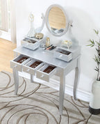Roundhill Furniture Ashley Silver Wood Makeup Vanity Table and Stool Set, Sliver