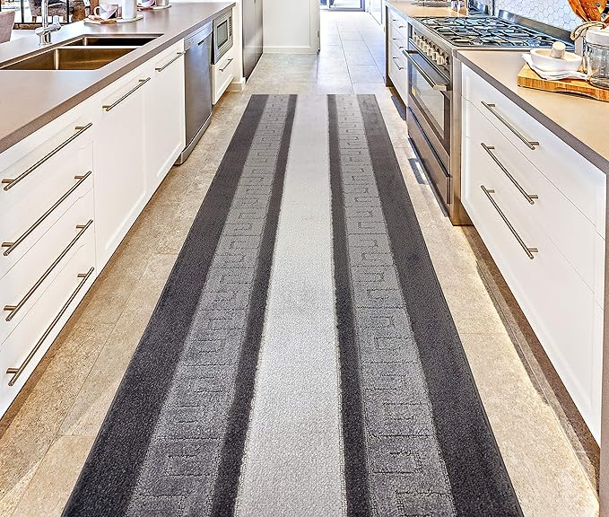 Custom Length Cut to Size Ancient Latin Hellenic Motif Carpet Runner Rug for Hallways, Non Slip Rubber Backed, 31 inch Wide X Customized Length, Greek Key Grey, 31 inch X 8 feet