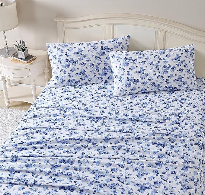 Laura Ashley - Flannel Sheets Twin Size, Anti-Pilling & Wrinkle Resistant Cotton, Touchably Soft for All-Season Comfort - Bed Sheets with Matching Pillowcase & Fitted Sheet (Emelisa Blue)