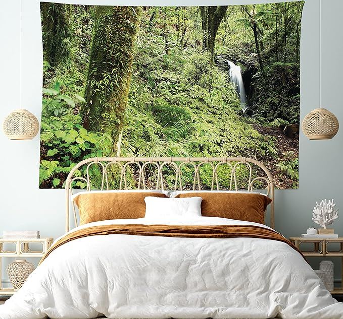 Lunarable Woodland Tapestry King Size, Waterfall in Deep Forest Scenery in The Woods Green of Earth Covering Plants, Wall Hanging Bedspread Bed Cover Wall Decor, King Size, Forest Green