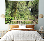 Lunarable Woodland Tapestry King Size, Waterfall in Deep Forest Scenery in The Woods Green of Earth Covering Plants, Wall Hanging Bedspread Bed Cover Wall Decor, King Size, Forest Green