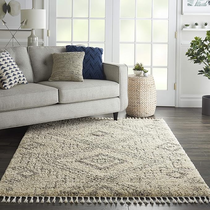 Nourison Home Scandinavian Shag Ivory/Grey 5'3" x 7'9" Area Rug, Easy Clean, Non Shedding, Bed Room, Living Room, Dining Room, Kitchen (5x8)