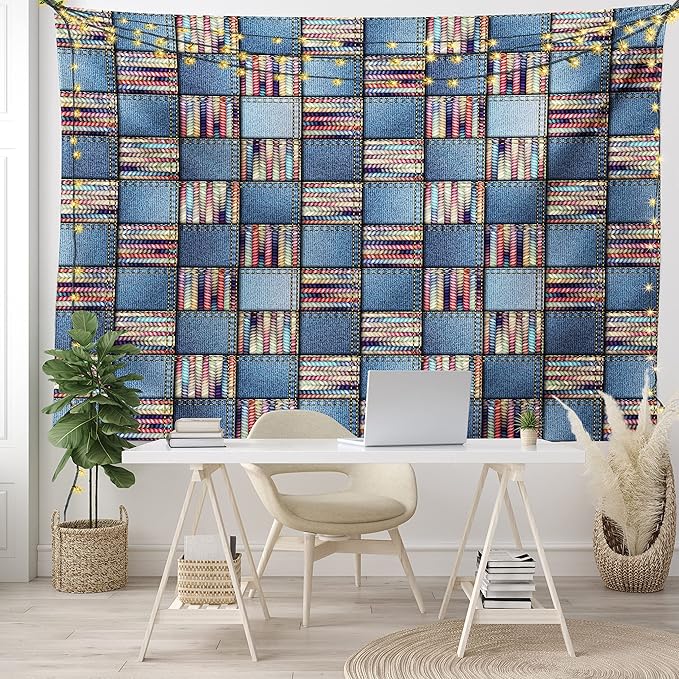 Lunarable Geometric Tapestry King Size, Quilt Design with Scraps of Denim and Knit Graphic Colorful Melange Print, Wall Hanging Bedspread Bed Cover Wall Decor, King Size, Blue