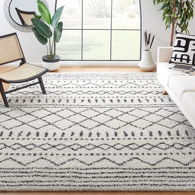 SAFAVIEH Arizona Shag Collection X-Large Area Rug - 11' x 15', Ivory & Black, Moroccan Design, Non-Shedding & Easy Care, 1.6-inch Thick Ideal for High Traffic Areas in Living Room, Bedroom (ASG741Z)