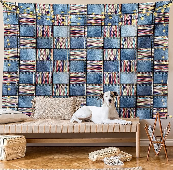 Lunarable Geometric Tapestry King Size, Quilt Design with Scraps of Denim and Knit Graphic Colorful Melange Print, Wall Hanging Bedspread Bed Cover Wall Decor, King Size, Blue