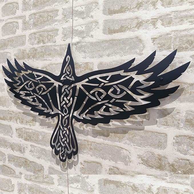 KAWA METALWORKS Nordic Viking Raven Metal Wall Art Decor, Norse Mythology Sculpture, Odin's Raven Wall Decor (White, Large - 20.4" x 36" H x W)