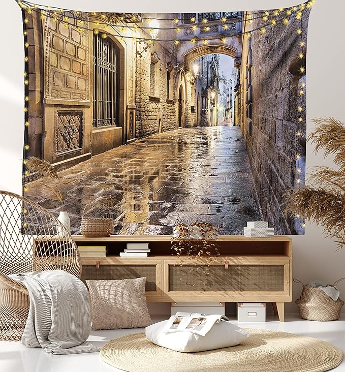 Lunarable City Tapestry, Narrow Street Gothic Design Architecture Carrer del Bisbe Barcelona Spain Europe, Wide Wall Hanging for Bedroom Living Room Dorm, 80" X 60", Tan Pale Brown