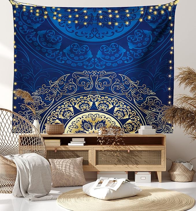 Lunarable Royal Blue Tapestry King Size, Vintage Eastern Circular Floral Old Fashioned Design, Wall Hanging Bedspread Bed Cover Wall Decor, King Size, Blue Yellow