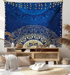 Lunarable Royal Blue Tapestry King Size, Vintage Eastern Circular Floral Old Fashioned Design, Wall Hanging Bedspread Bed Cover Wall Decor, King Size, Blue Yellow