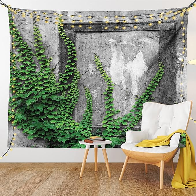 Ambesonne Mystic Tapestry, Ivy Plant on Wall Aged Antique Looking Picture Frame as a Window Creative Art, Wall Hanging for Bedroom Living Room Dorm Decor, 40" X 60", Green Grey