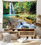 Lunarable Nature Tapestry King Size, Green Forest Waterfall and River Pool Pond Water Source Earth Landscape, Wall Hanging Bedspread Bed Cover Wall Decor, 104" X 88", Pale Brown and Green