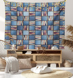 Lunarable Geometric Tapestry King Size, Quilt Design with Scraps of Denim and Knit Graphic Colorful Melange Print, Wall Hanging Bedspread Bed Cover Wall Decor, King Size, Blue