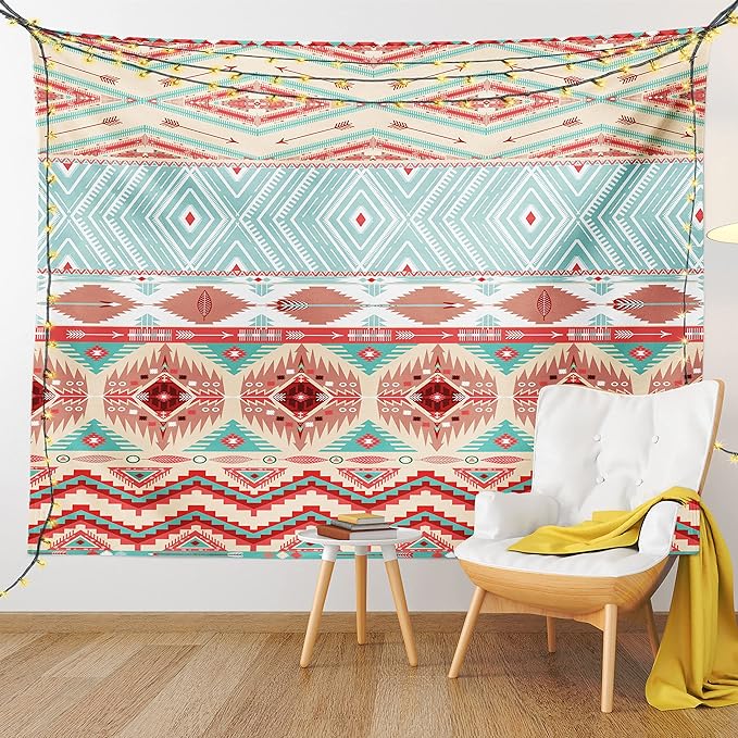 Lunarable Aztec Tapestry Twin Size, Culture Inspirations Ornamental Indigenous Chevron, Wall Hanging Bedspread Bed Cover Wall Decor, Twin Size, Turquoise Beige