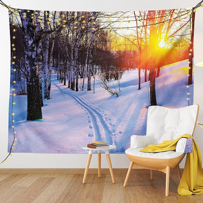 Ambesonne Nature Tapestry, Sunset in a Winter Park Russia Sun Rays Through Trees Pathway to Forest, Wall Hanging for Bedroom Living Room Dorm Decor, 40" X 60", Amber Brown
