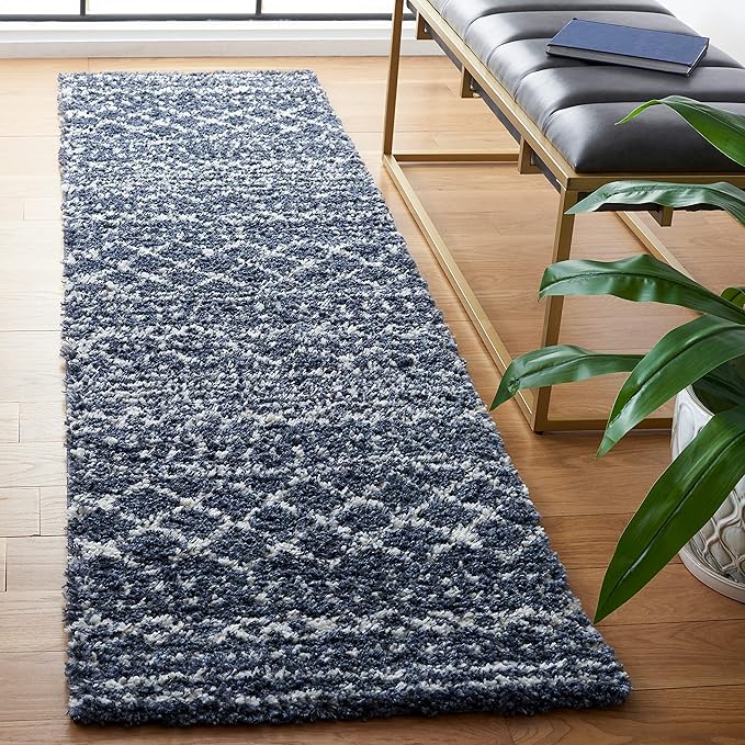 SAFAVIEH Arizona Shag Collection Area Rug - 2'6" x 14' Runner, Slate Blue & Ivory, Non-Shedding & Easy Cleaning, Plush Thick Pile, Ideal for Living Room, Bedroom, Dining Space (ASG741L)