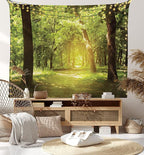 Lunarable Woodland Tapestry Twin Size, Tall Forest Trees Basking in The Morning Peaceful Environment in Green Nature, Wall Hanging Bedspread Bed Cover Wall Decor, Twin Size, Green Chocolate