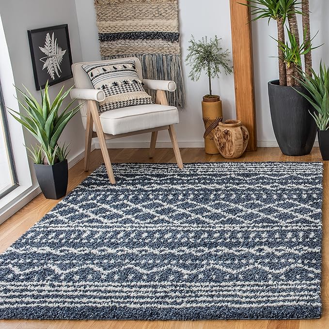 SAFAVIEH Arizona Shag Collection Area Rug - 6'7" x 9'2", Slate Blue & Ivory, Moroccan Design, Non-Shedding & Easy Care, 1.6-inch Thick Ideal for High Traffic Areas in Living Room, Bedroom (ASG741L)