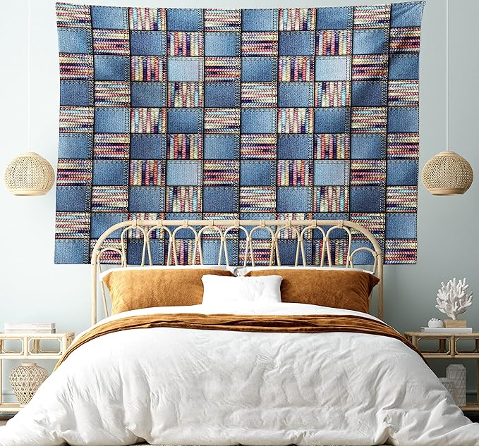 Lunarable Geometric Tapestry King Size, Quilt Design with Scraps of Denim and Knit Graphic Colorful Melange Print, Wall Hanging Bedspread Bed Cover Wall Decor, King Size, Blue