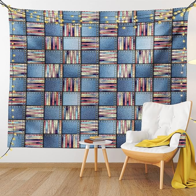 Lunarable Geometric Tapestry King Size, Quilt Design with Scraps of Denim and Knit Graphic Colorful Melange Print, Wall Hanging Bedspread Bed Cover Wall Decor, King Size, Blue