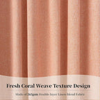 KangBang Light Coral Blackout Linen Curtains 96 Inches Long for Living Room Girls Nursery, Back Tab Hook Belt Rod Pocket Black Out Light Blocking Drapes, Farmhouse Curtains with Clip Rings, Salmon