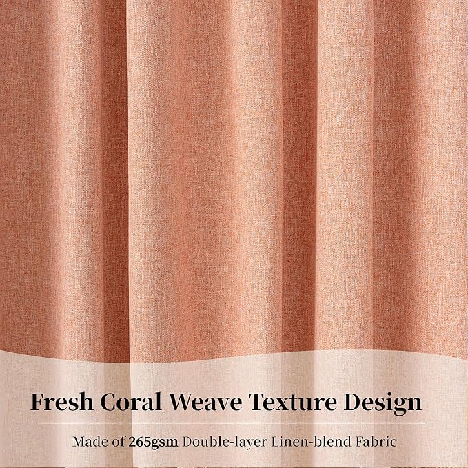 KangBang Light Coral Full Blackout Curtains 72x108 Inches Long Light Blocking Thermal Insulated Back Tab Rod Pocket Curtains for Nursery Hall Large Windows, 2 Panels, Hook Belt Pleated Drapes, Salmon