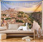Ambesonne Scenery Tapestry, Toledo Spain Old City Over The Tagus River Downtown Castle Architecture, Wall Hanging for Bedroom Living Room Dorm Decor, 40" X 60", Apricot Cream Green
