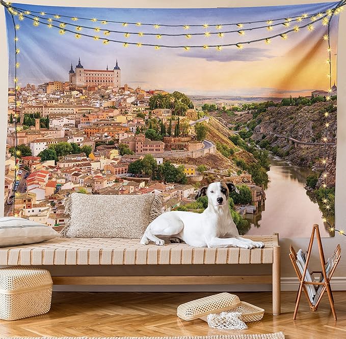 Ambesonne Scenery Tapestry, Toledo Spain Old City Over The Tagus River Downtown Castle Architecture, Wall Hanging for Bedroom Living Room Dorm Decor, 40" X 60", Apricot Cream Green