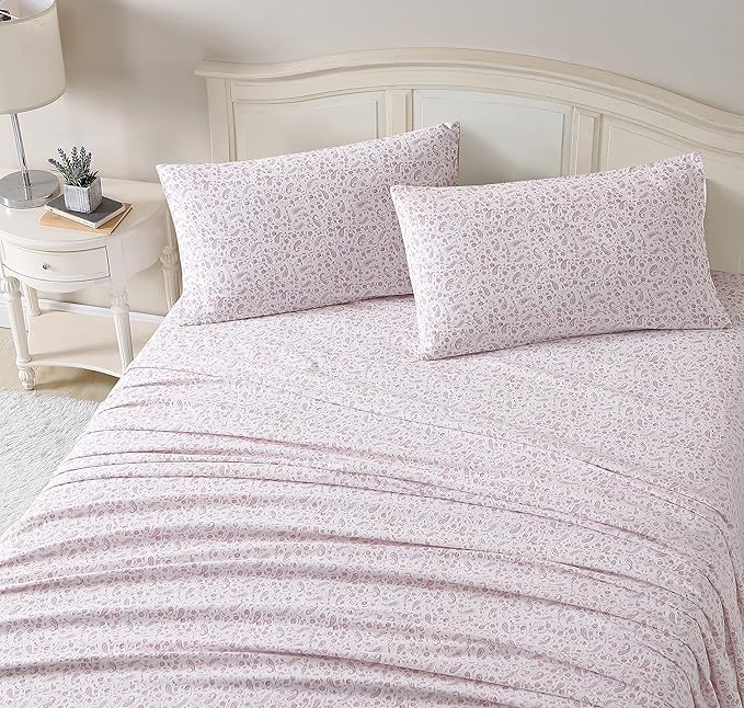 Laura Ashley - Flannel Sheets Full Size, Anti-Pilling & Wrinkle Resistant Cotton, Touchably Soft for All-Season Comfort - Bed Sheets with Matching Pillowcases & Fitted Sheet (Paisley Prance Pink)