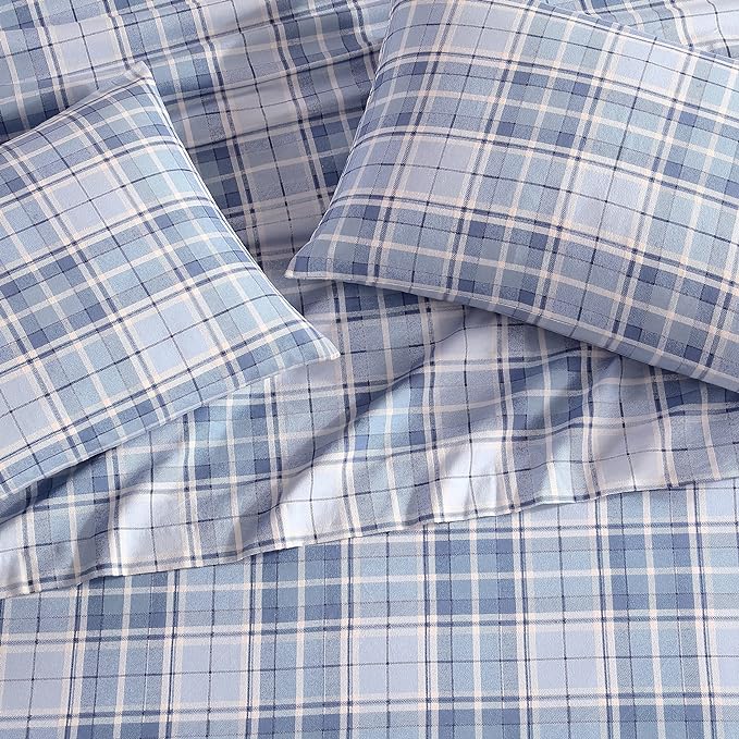 Laura Ashley - Flannel Sheets King Size, Anti-Pilling & Wrinkle Resistant Cotton, Touchably Soft for All-Season Comfort - Bed Sheets with Matching Pillowcases & Fitted Sheet (Mulholland Plaid Blue)