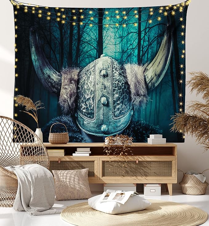 Lunarable Viking Tapestry, Barbarian Warrior Head with Horns in Mystical Scandinavian Forest, Wide Wall Hanging for Bedroom Living Room Dorm, 80" X 60", Petrol Blue Sand Brown