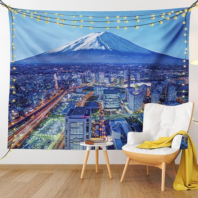 Ambesonne Scenery Tapestry, Skyline of Mt. Hill and Yokohama Japan Financial District Mountain Volcano Landscape, Wide Wall Hanging for Bedroom Living Room Dorm, 80" X 60", Blue