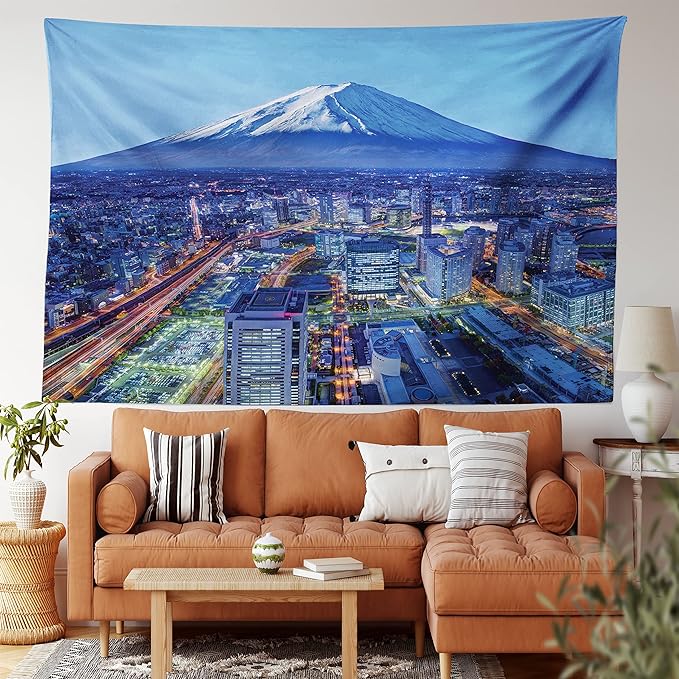 Ambesonne Scenery Tapestry, Skyline of Mt. Hill and Yokohama Japan Financial District Mountain Volcano Landscape, Wide Wall Hanging for Bedroom Living Room Dorm, 80" X 60", Blue