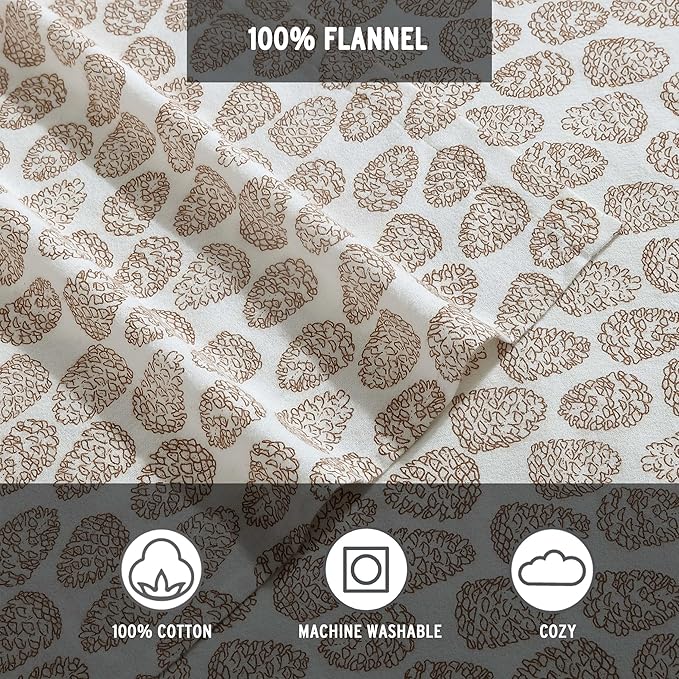 Eddie Bauer - Queen Sheets, Cotton Flannel Bedding Set, Brushed For Extra Softness, Cozy Home Decor (Little Creek Pine Cone Beige, Queen)