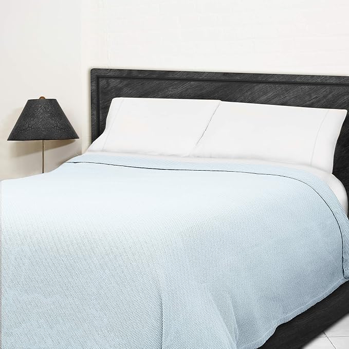 COTTON CRAFT Soft Cotton Thermal Blanket - Plush Herringbone Twill- All Season Luxurious Breathable Skin Friendly Lightweight Cooling Throw Blanket -Sofa Couch Travel Camping Dorm- Full Queen Sky Blue