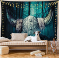 Lunarable Viking Tapestry, Barbarian Warrior Head with Horns in Mystical Scandinavian Forest, Wide Wall Hanging for Bedroom Living Room Dorm, 80" X 60", Petrol Blue Sand Brown