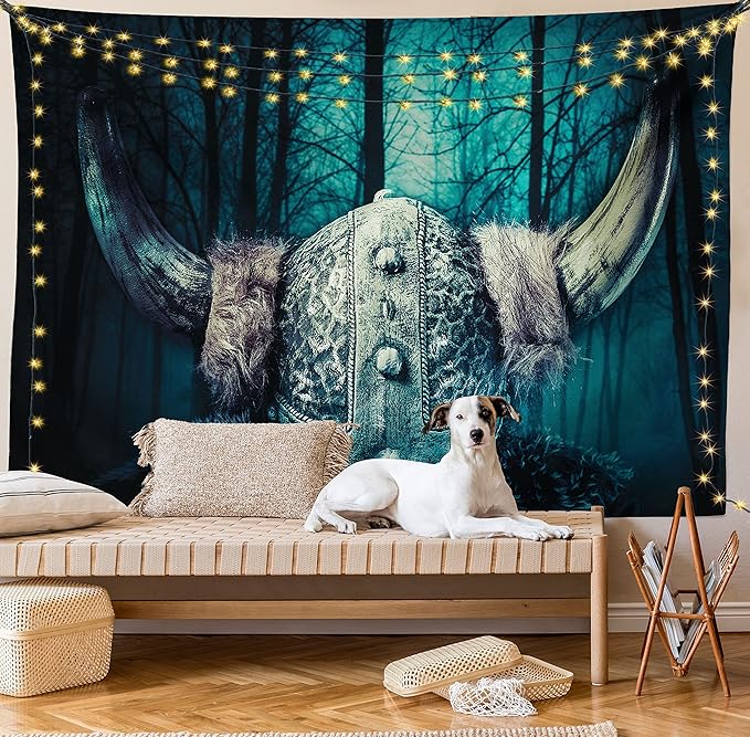 Lunarable Viking Tapestry, Barbarian Warrior Head with Horns in Mystical Scandinavian Forest, Wide Wall Hanging for Bedroom Living Room Dorm, 80" X 60", Petrol Blue Sand Brown