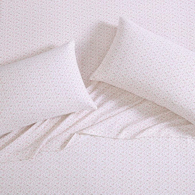 Laura Ashley - Flannel Sheets Twin Size, Anti-Pilling & Wrinkle Resistant Cotton, Touchably Soft for All-Season Comfort - Bed Sheets with Matching Pillowcase & Fitted Sheet (Evie Pink)
