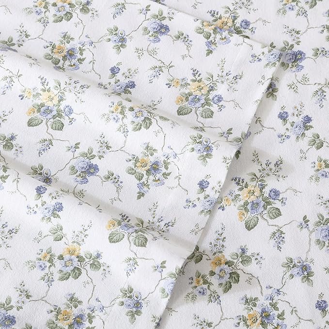 Laura Ashley - Flannel Sheets King Size, Anti-Pilling & Wrinkle Resistant Cotton, Touchably Soft for All-Season Comfort - Bed Sheets with Matching Pillowcases & Fitted Sheet (Le Fleur Cottage Blue)