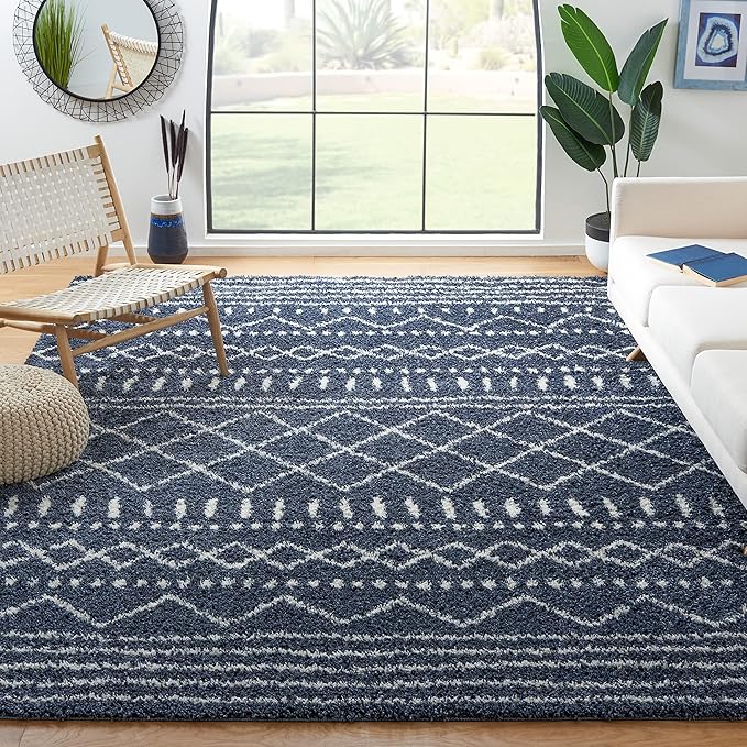 SAFAVIEH Arizona Shag Collection Area Rug - 11' x 15', Slate Blue & Ivory, Non-Shedding & Easy Cleaning, Plush Thick Pile, Ideal for Living Room, Bedroom, Dining Space (ASG741L)