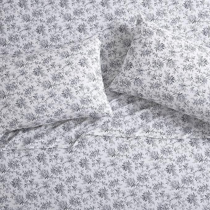 Laura Ashley - Flannel Sheets Twin Size, Anti-Pilling & Wrinkle Resistant Cotton, Touchably Soft for All-Season Comfort - Bed Sheets with Matching Pillowcase & Fitted Sheet (Faye Toile Black)