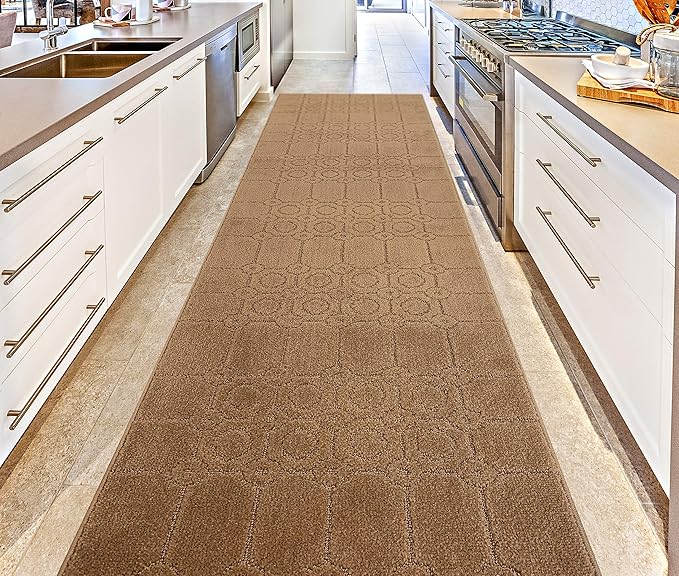 Custom Size Modern Abstract Floor Carpet Runner Rug for Hallways, Slip Resistant Latex Rubber Backed, 31 inch Wide X Customized Length, Art Gold Tan, 31 inch X 19 feet